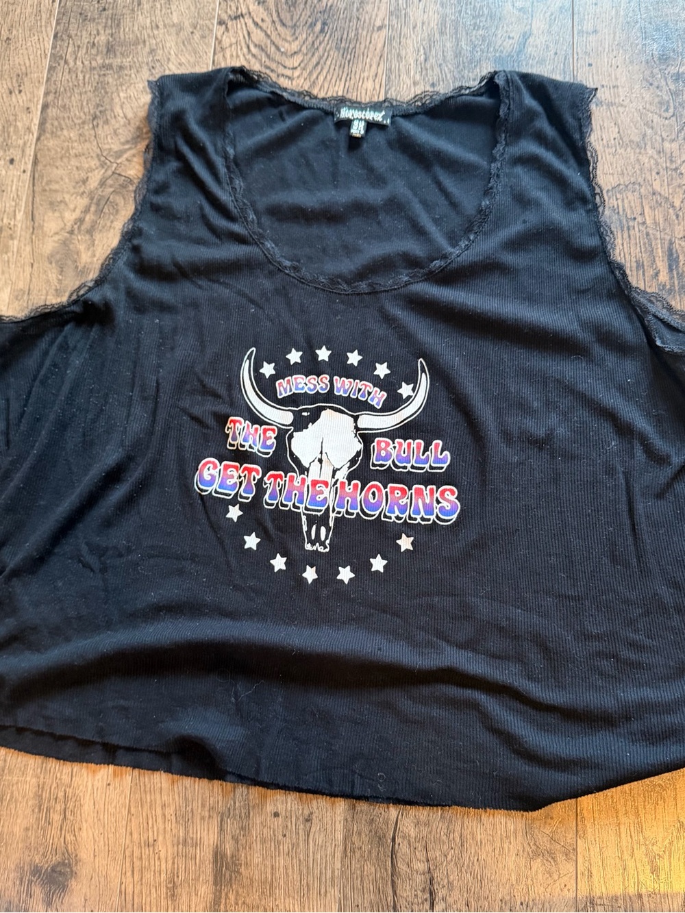 Taurus Black Graphic Crop Tank - 'Get The Horns' Bull Skull